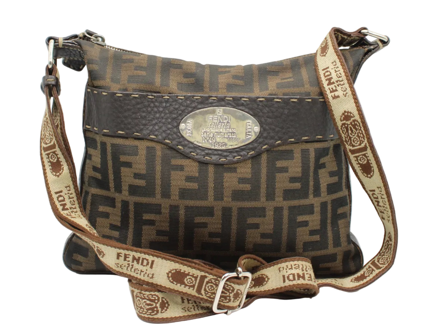 Fendi handbag with monogram pattern on a white background Fendi Brown Zucca Selleria Canvas Leather Crossbody Bag