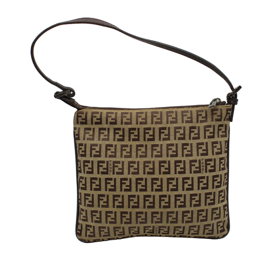 Brown handbag with a pattern on a white background Fendi Brown Zucca Zucchino Canvas Pochette Shoulder Bag