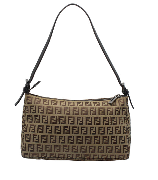 Fendi Brown Zucca Zucchino Canvas Shoulder Bag Designer handbag with a distinctive pattern on a white background