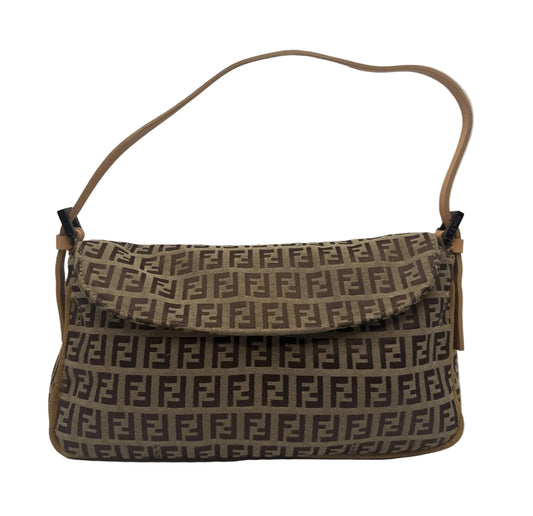 Fendi Brown Zucca Zucchino Canvas Shoulder Bag A vintage Fendi shoulder bag featuring the signature Zucca monogram pattern in brown and beige canvas, with a tan leather strap and trim, photographed against a neutral light gray background.
