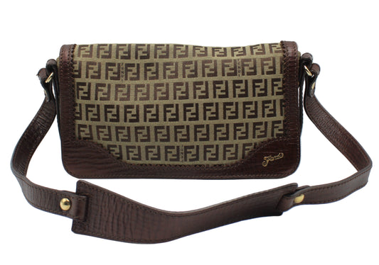 Fendi Brown Zucchino Canvas Leather Trim Shoulder Flap Bag Brown handbag with a patterned design on a white background