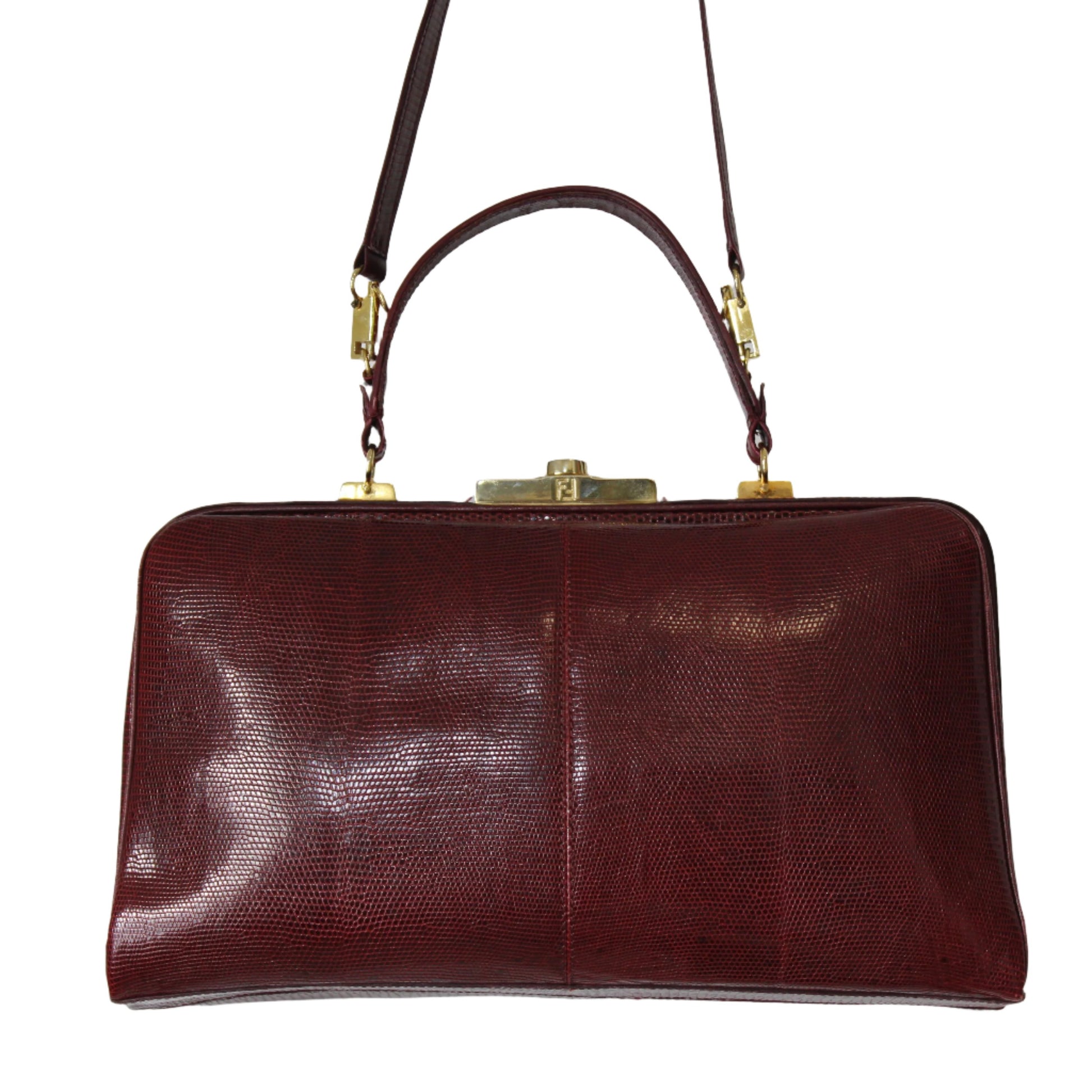 Fendi Burgundy Lizard Leather 1950 Top Handle and Shoulder Bag close up