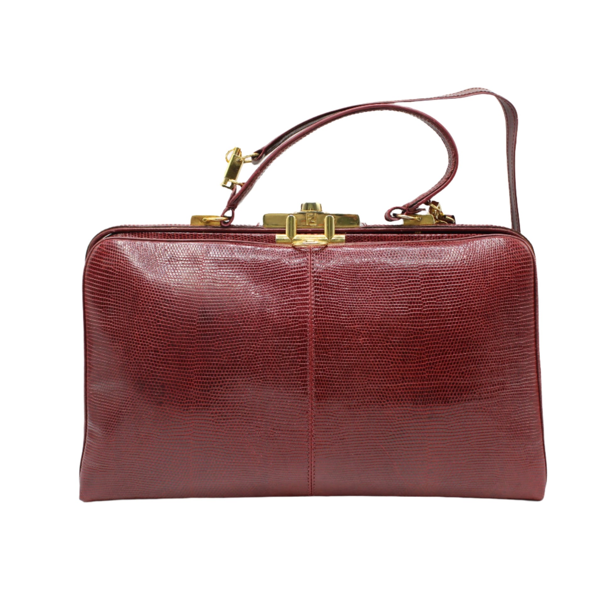 Fendi Burgundy Lizard Leather 1950 Top Handle and Shoulder Bag