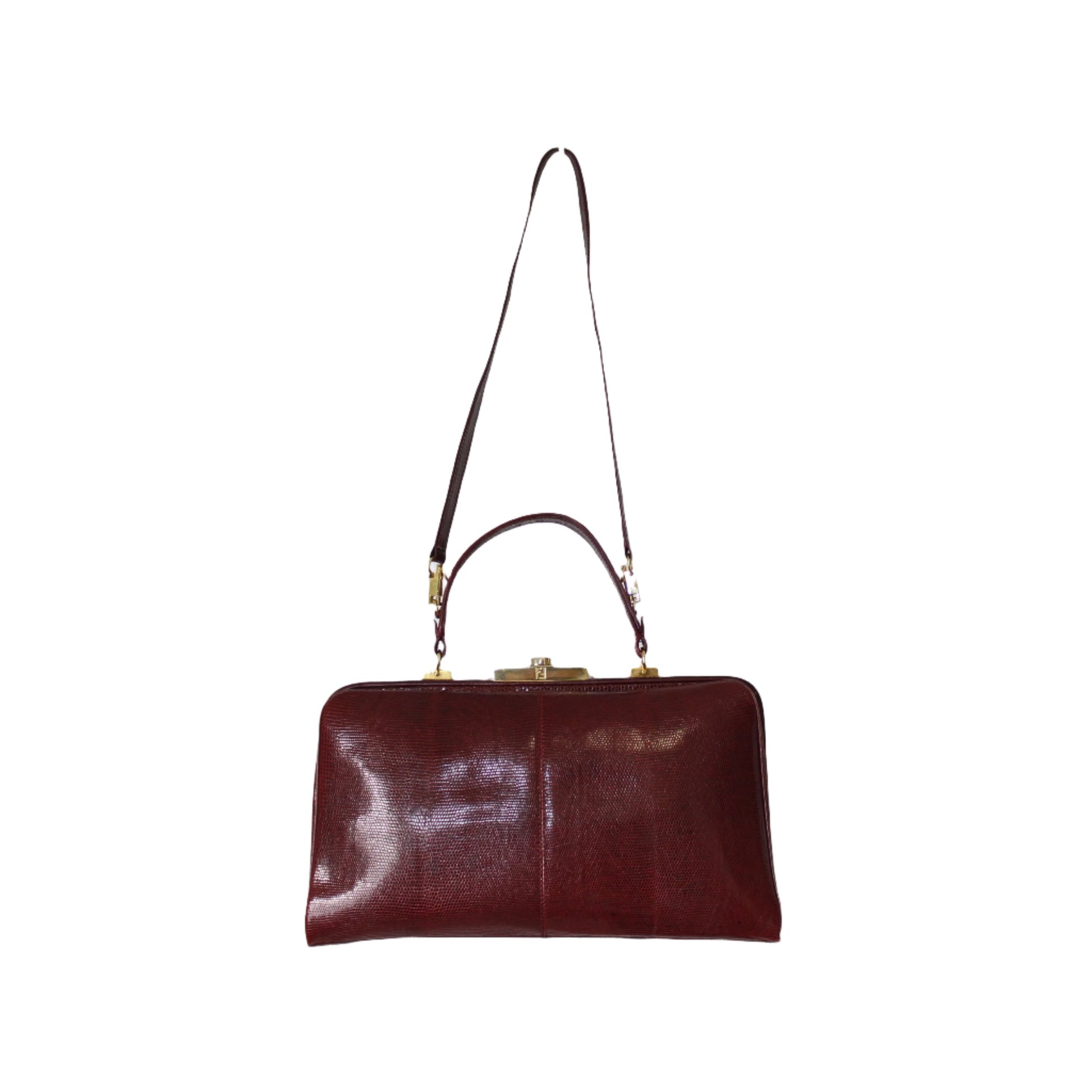 Fendi Burgundy Lizard Leather 1950 Top Handle and Shoulder Bag full view