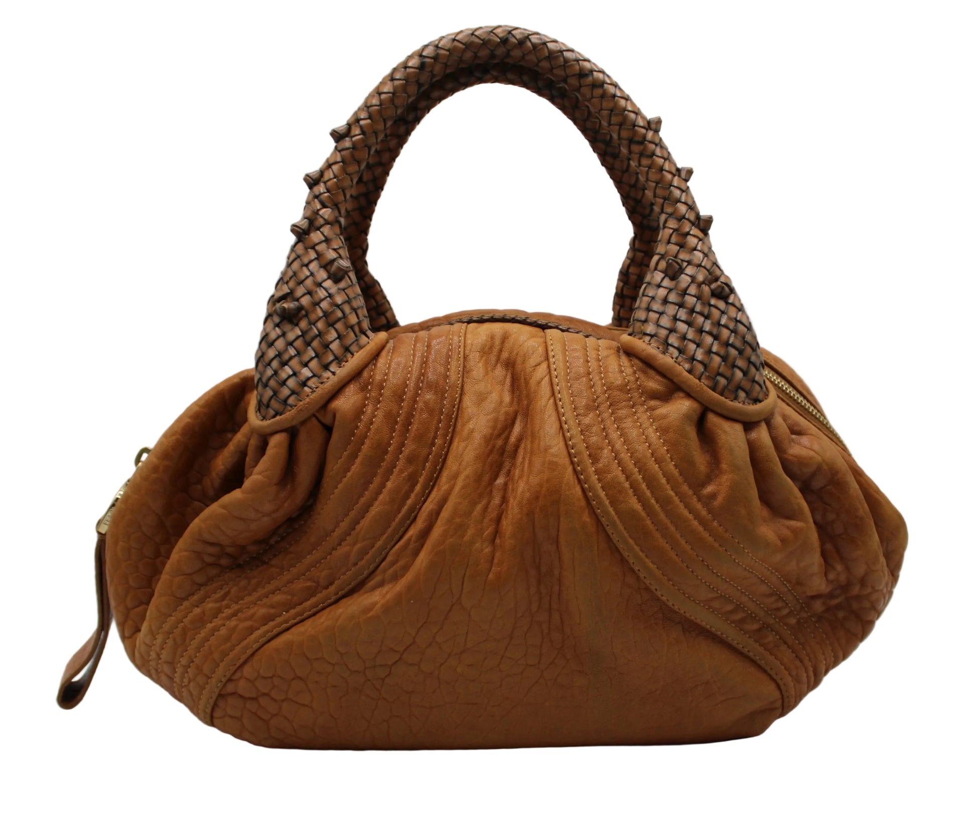 Fendi Cognac Leather Baby Spy Woven Satchel Brown textured handbag with woven handle on a light gray background