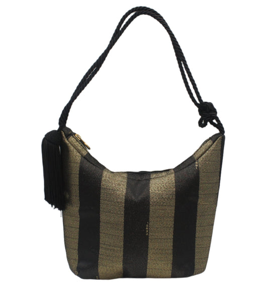 Fendi Gold Black Pequin Stripe Fabric Mini Tassel Handbag Black and gold striped handbag with a tassel on a white background 