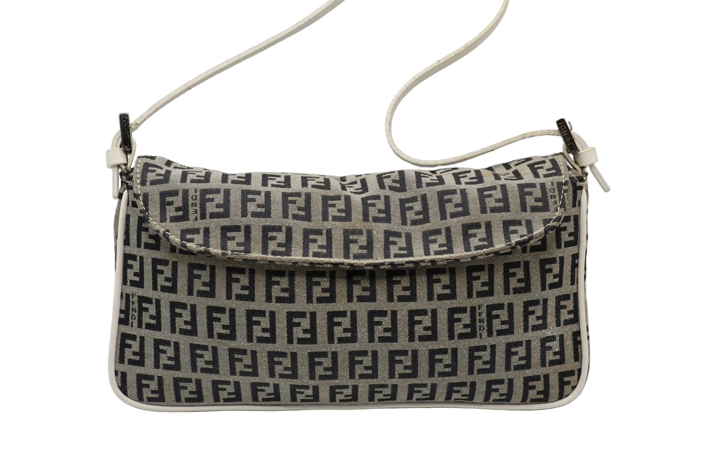 Fendi Grey Black Zucca Zucchino Canvas Flap Shoulder Bag A Fendi shoulder bag in the signature Zucca monogram canvas, featuring a beige and black repeating FF pattern with a cream-colored leather strap and trim.