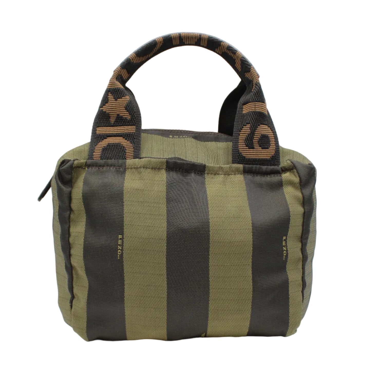 Green and black striped bag with a handle on a white background Fendi Khaki Black Pequin Striped Mini Handbag