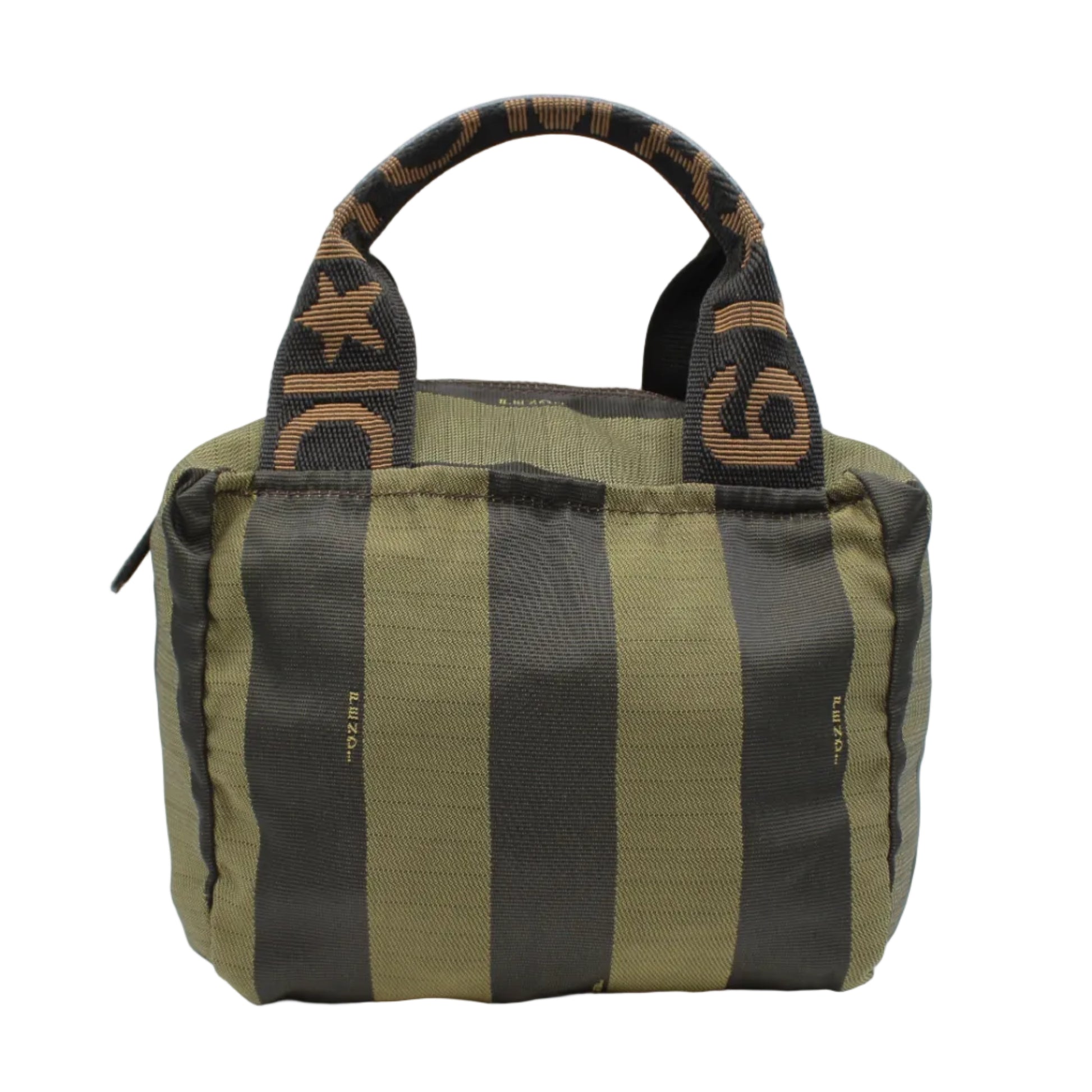 Green and black striped bag with a handle on a white background Fendi Khaki Black Pequin Striped Mini Handbag