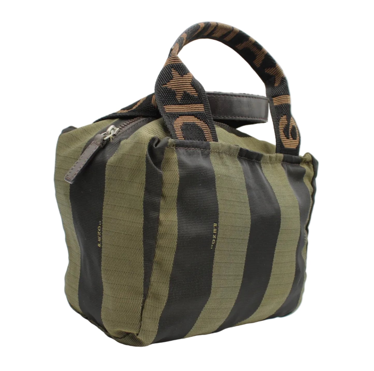 Green and black striped bag with a handle on a white background Fendi Khaki Black Pequin Striped Mini Handbag side