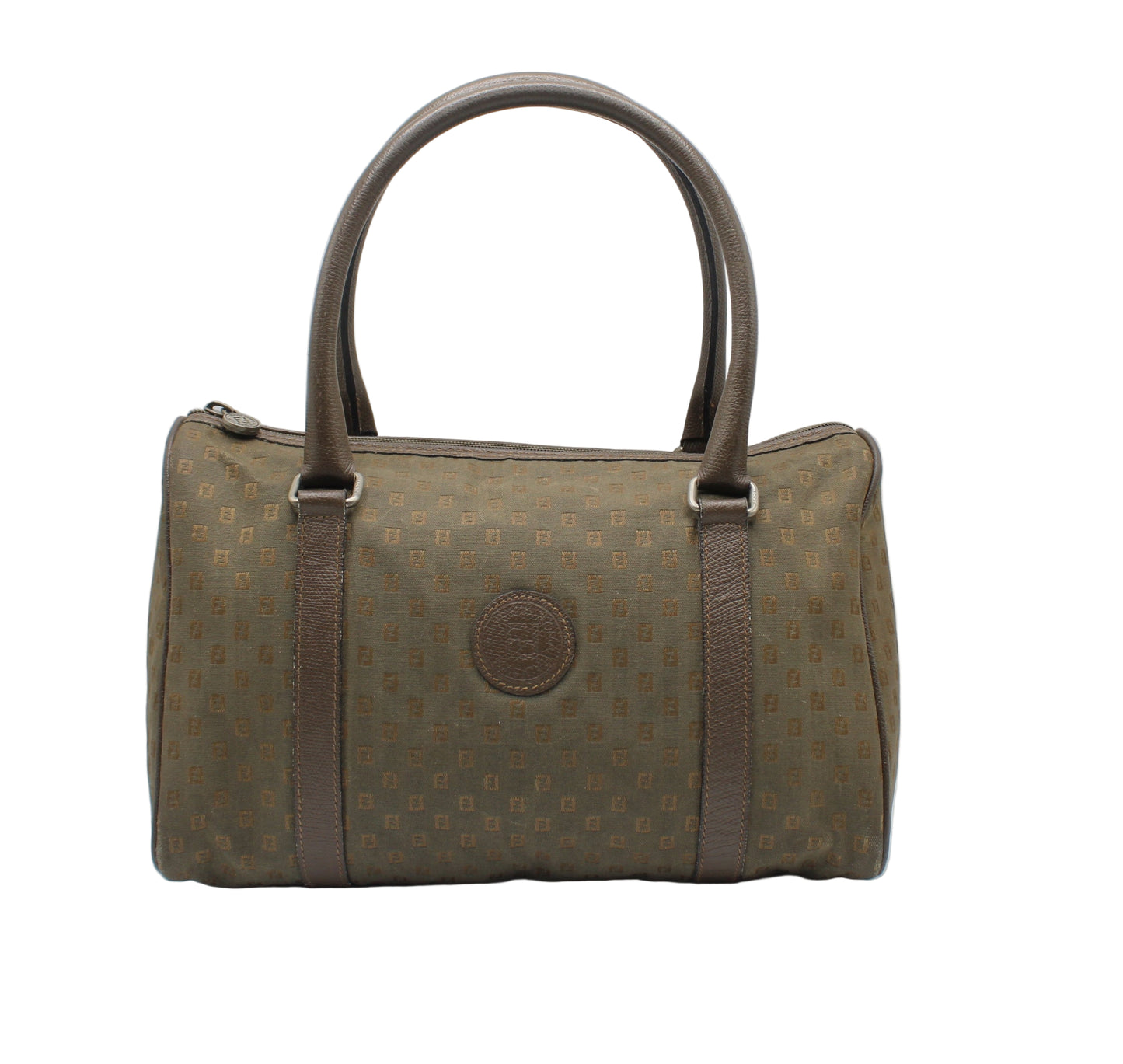 Fendi Khaki Mini Boston Bag Leather Handles Monogram Canvas Green handbag with brown handle and strap on a white background