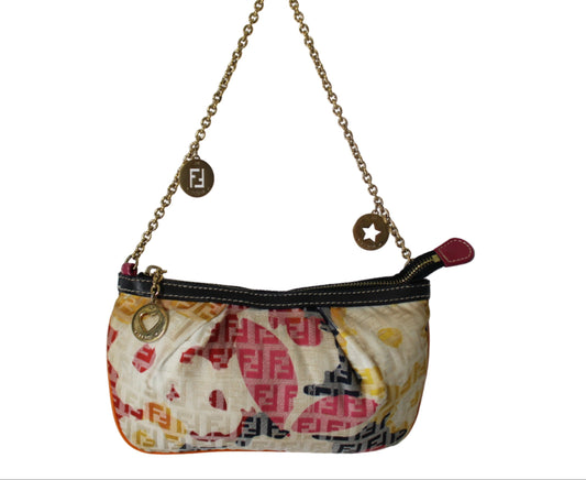 Patterned handbag with gold chain strap on a white background Fendi Multicolor Zucca Canvas Chain Charm Pouch Bag
