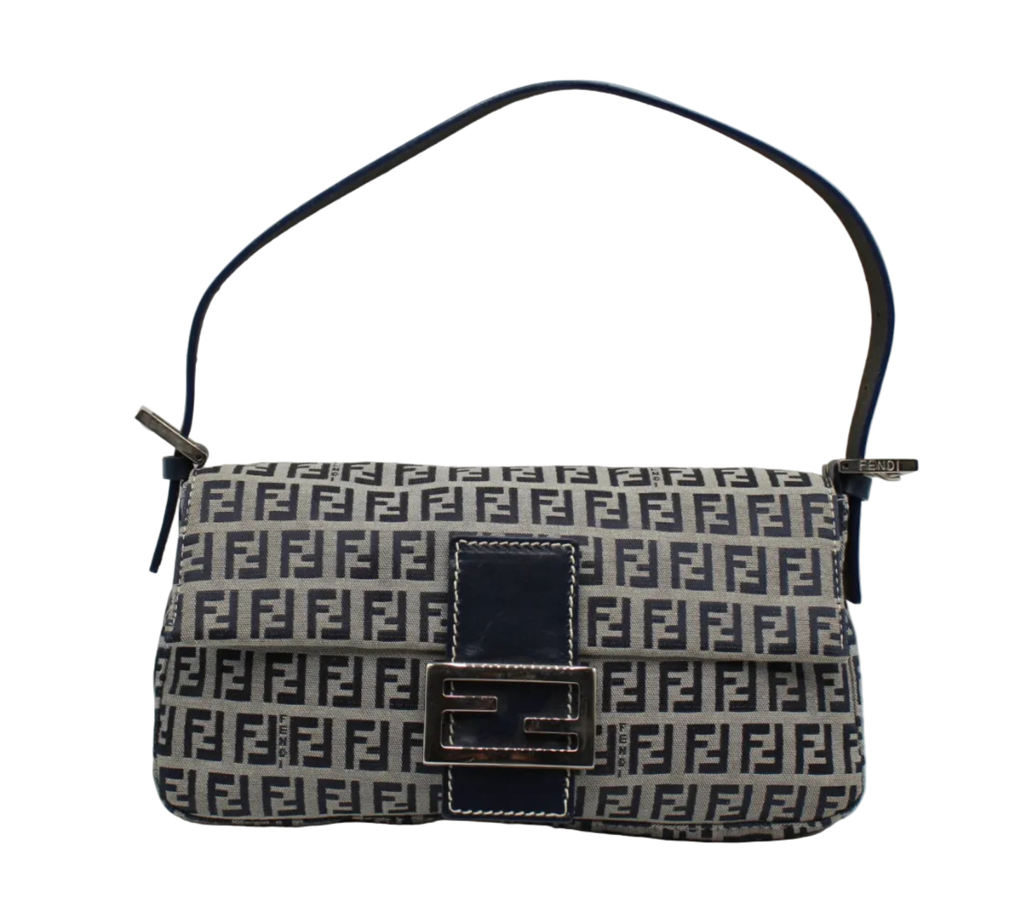 Fendi Navy Zucca Canvas Leather Baguette Shoulder Bag Patterned handbag with a prominent logo on a white background