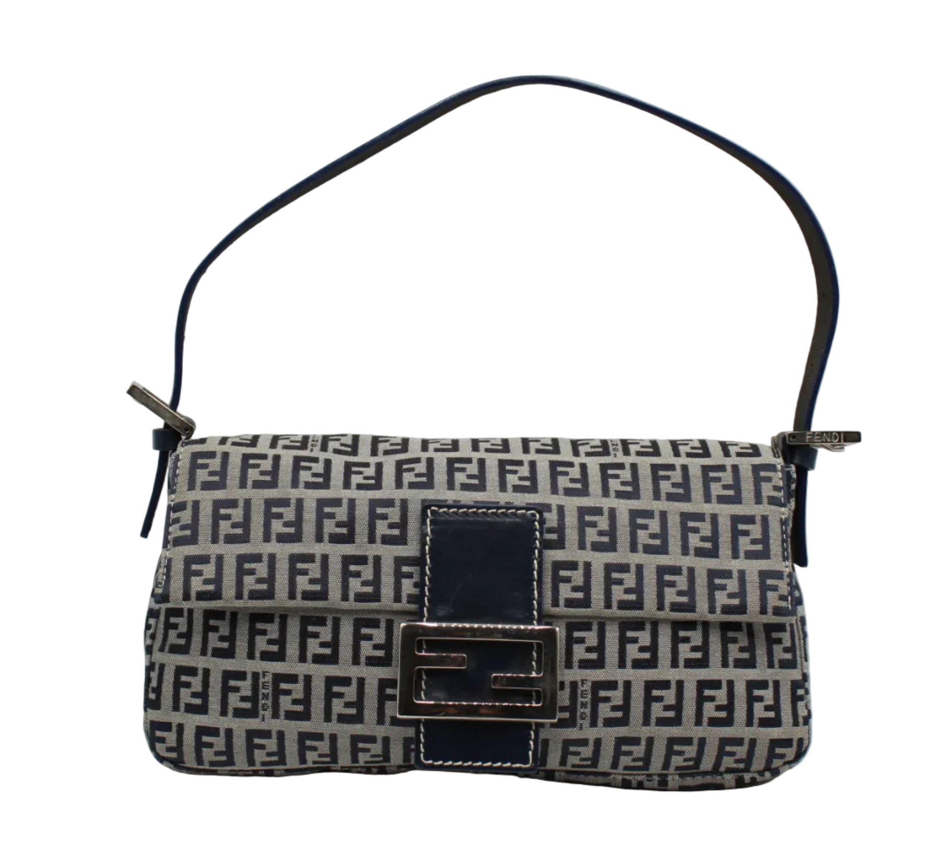 Fendi Navy Zucca Canvas Leather Baguette Shoulder Bag Patterned handbag with a prominent logo on a white background