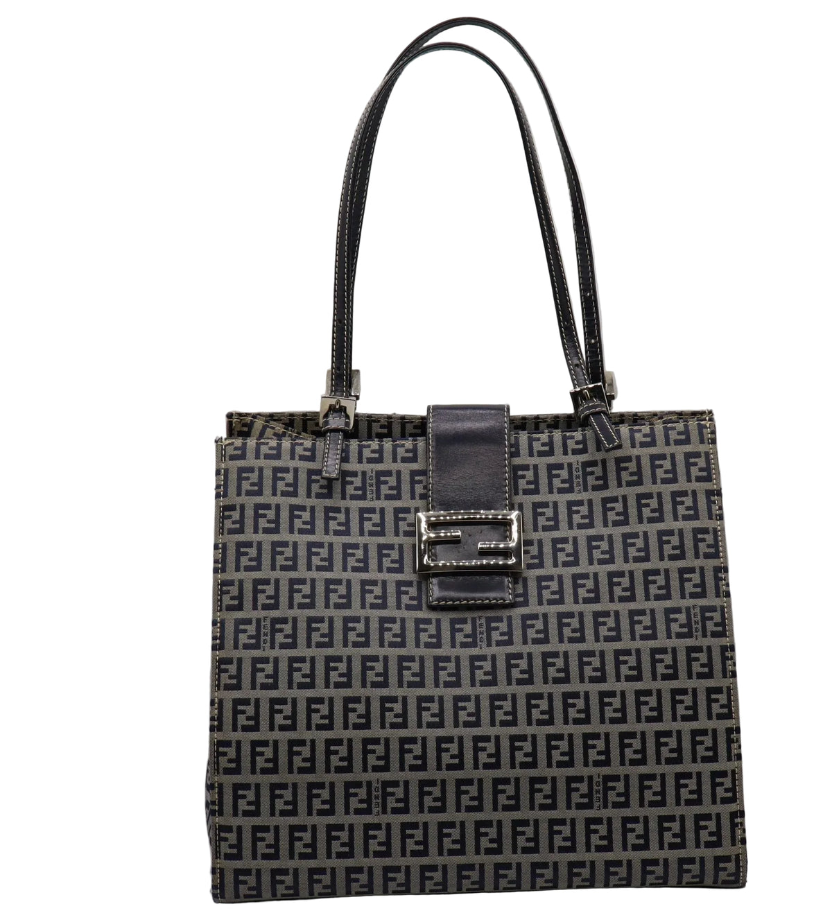 Fendi Navy Zucchino Zucca Canvas Leather Large Tote Bag
