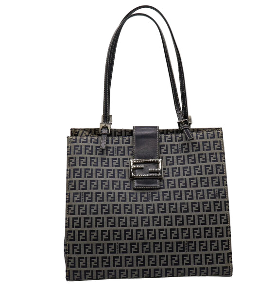 Fendi Navy Zucchino Zucca Canvas Leather Large Tote Bag