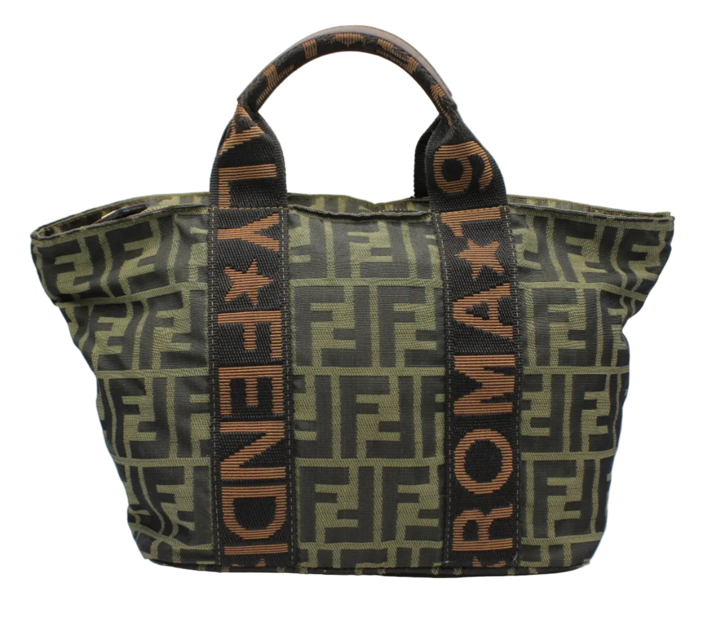 Fendi Olive Brown Zucca Canvas Star Roma Tote Fendi bag with patterned strap on a white background