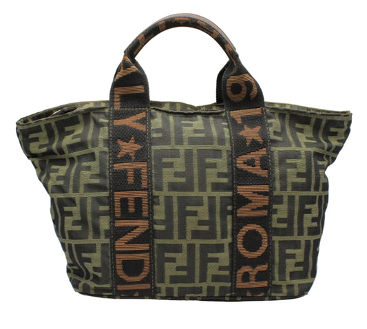 Fendi Olive Brown Zucca Canvas Star Roma Tote Fendi bag with patterned strap on a white background
