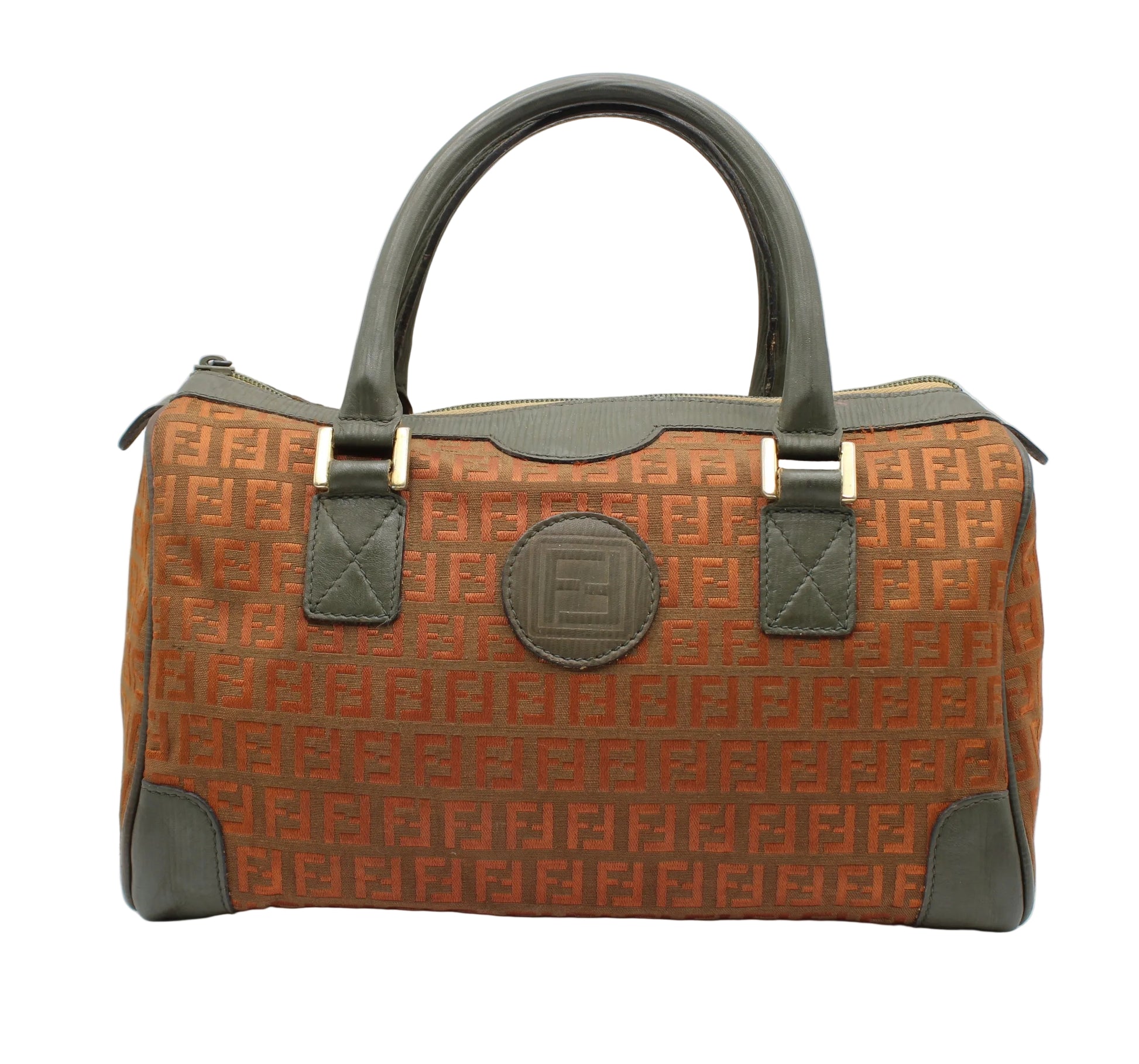 Fendi Orange Zucca Canvas Leather Boston Bag Brown and green handbag with a pattern on a white background