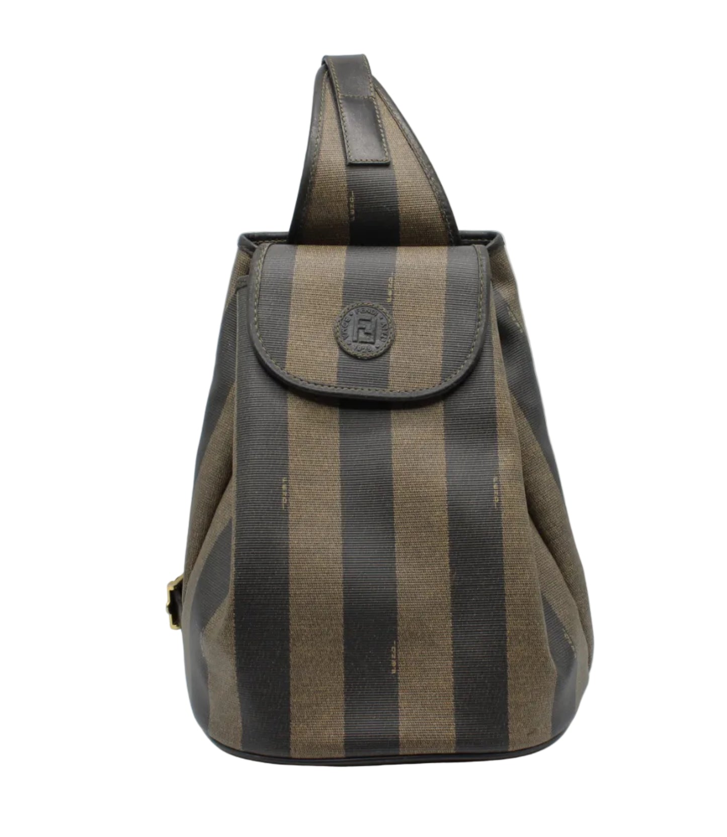 Fendi Pequin Brown Black Striped Canvas Leather Sling Backpack Striped backpack with a brand logo on a white background