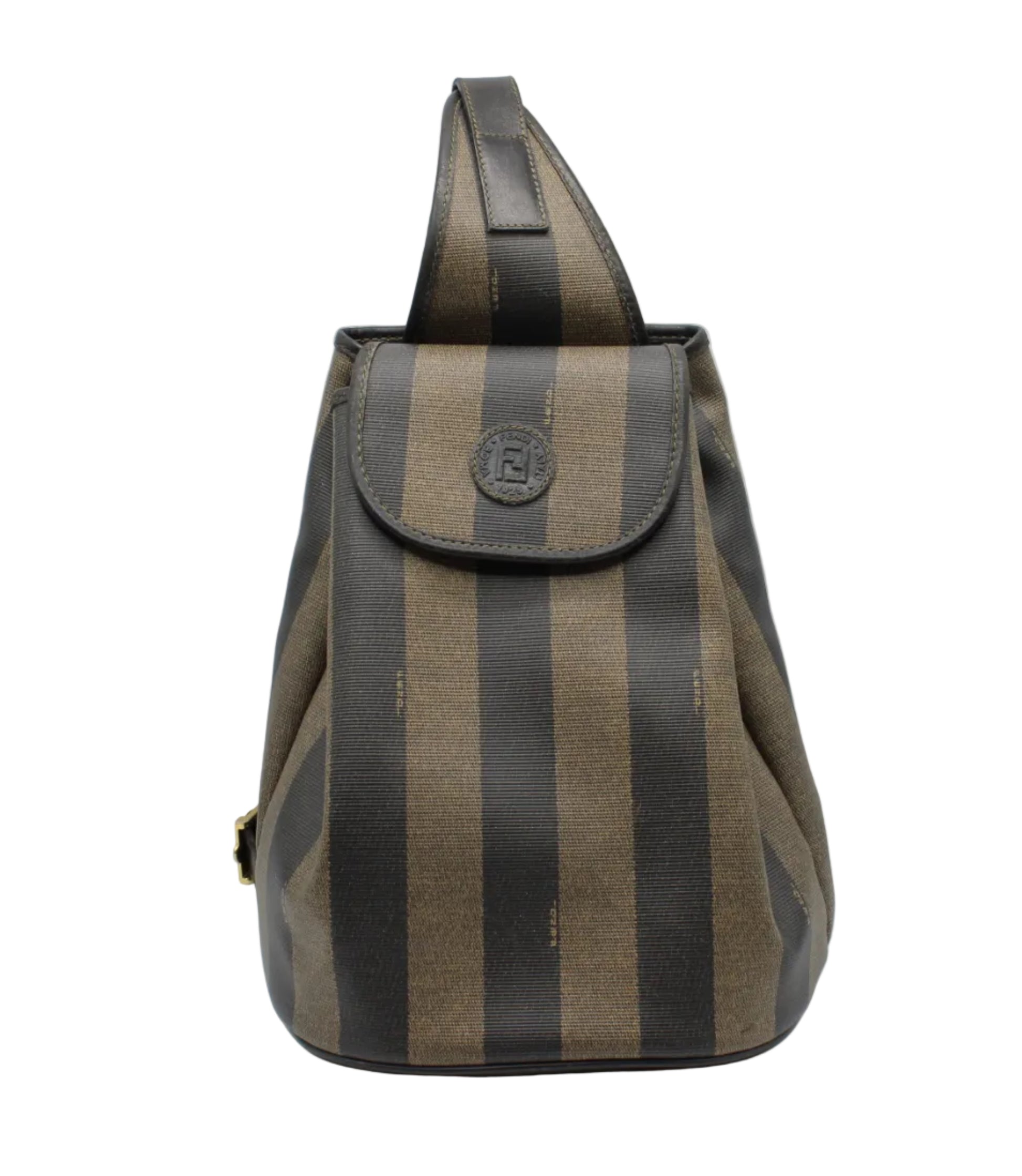 Fendi Pequin Brown Black Striped Canvas Leather Sling Backpack Striped backpack with a brand logo on a white background