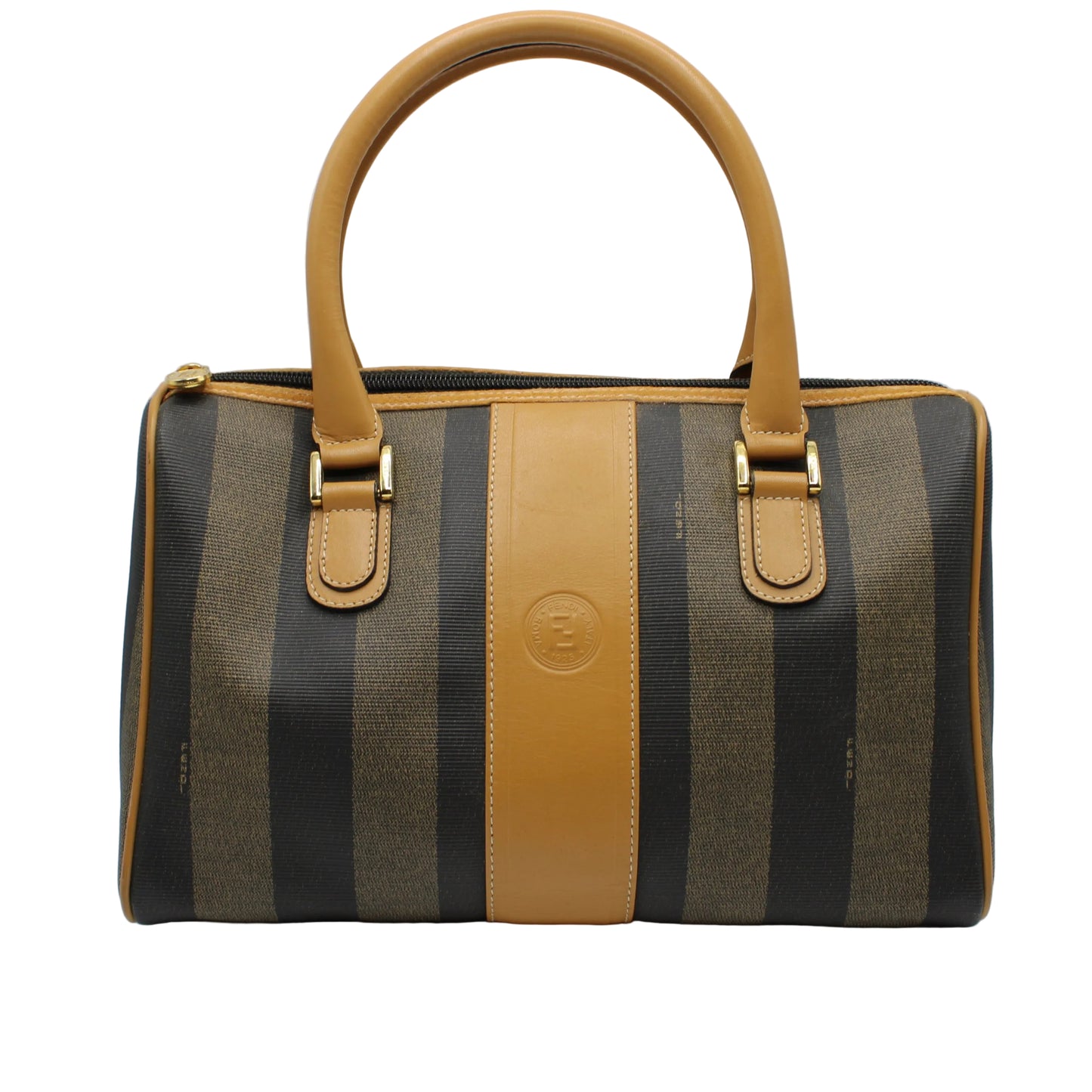 Fendi Pequin Striped Canvas Leather Boston Bag Striped handbag with brown handle and gold accents on a light gray background