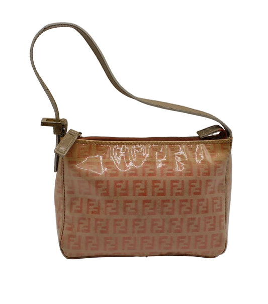 Fendi Pink Peach Patent Zucca Canvas Shoulder Bag Beige handbag with a pattern on a white background