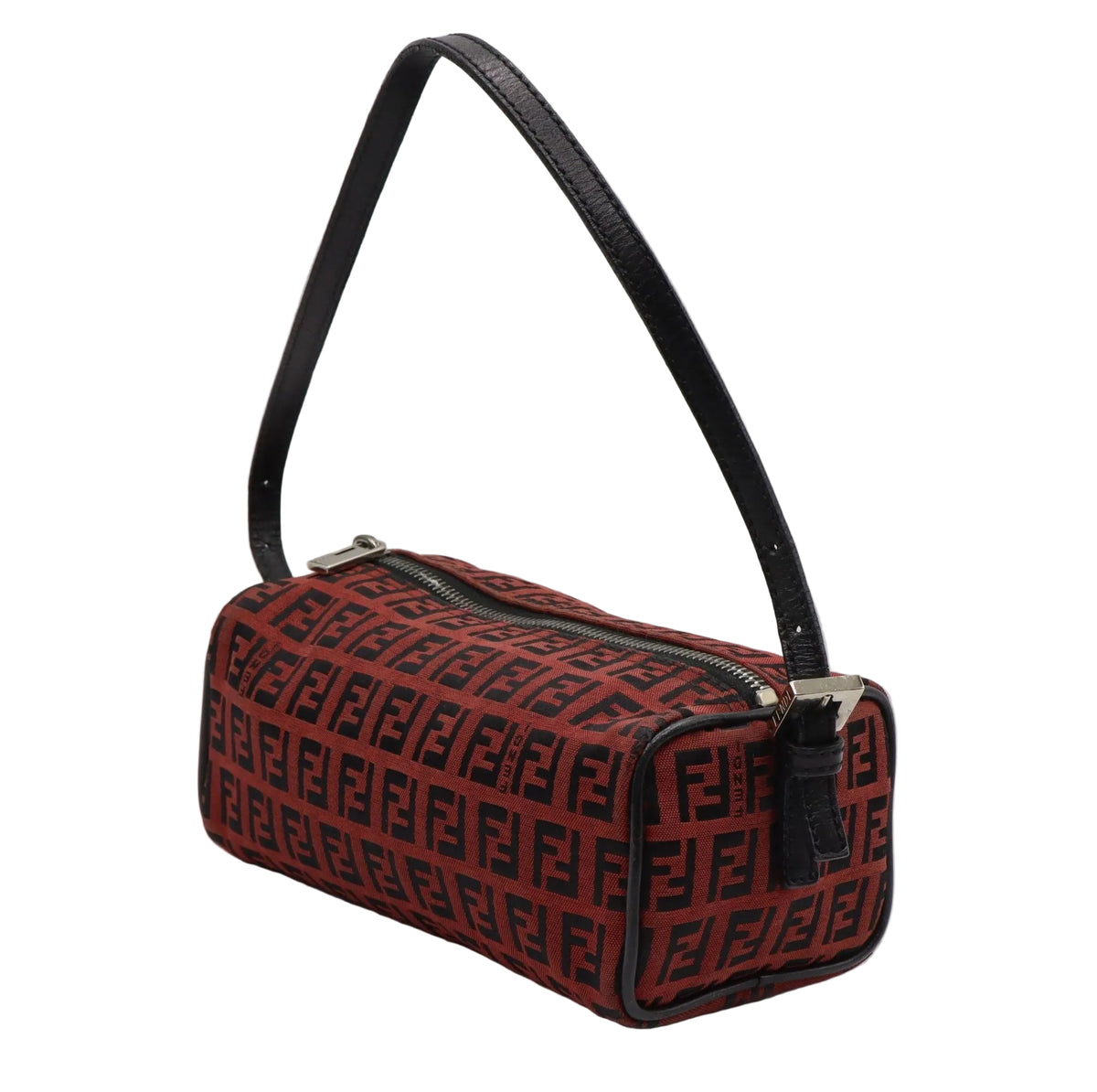 Fendi Red Black Zucca Canvas Barrel Shoulder Bag