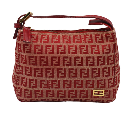 Fendi Red Canvas Zucca Monogram Mini Pouch Handbag Red patterned handbag with gold accents on a white background