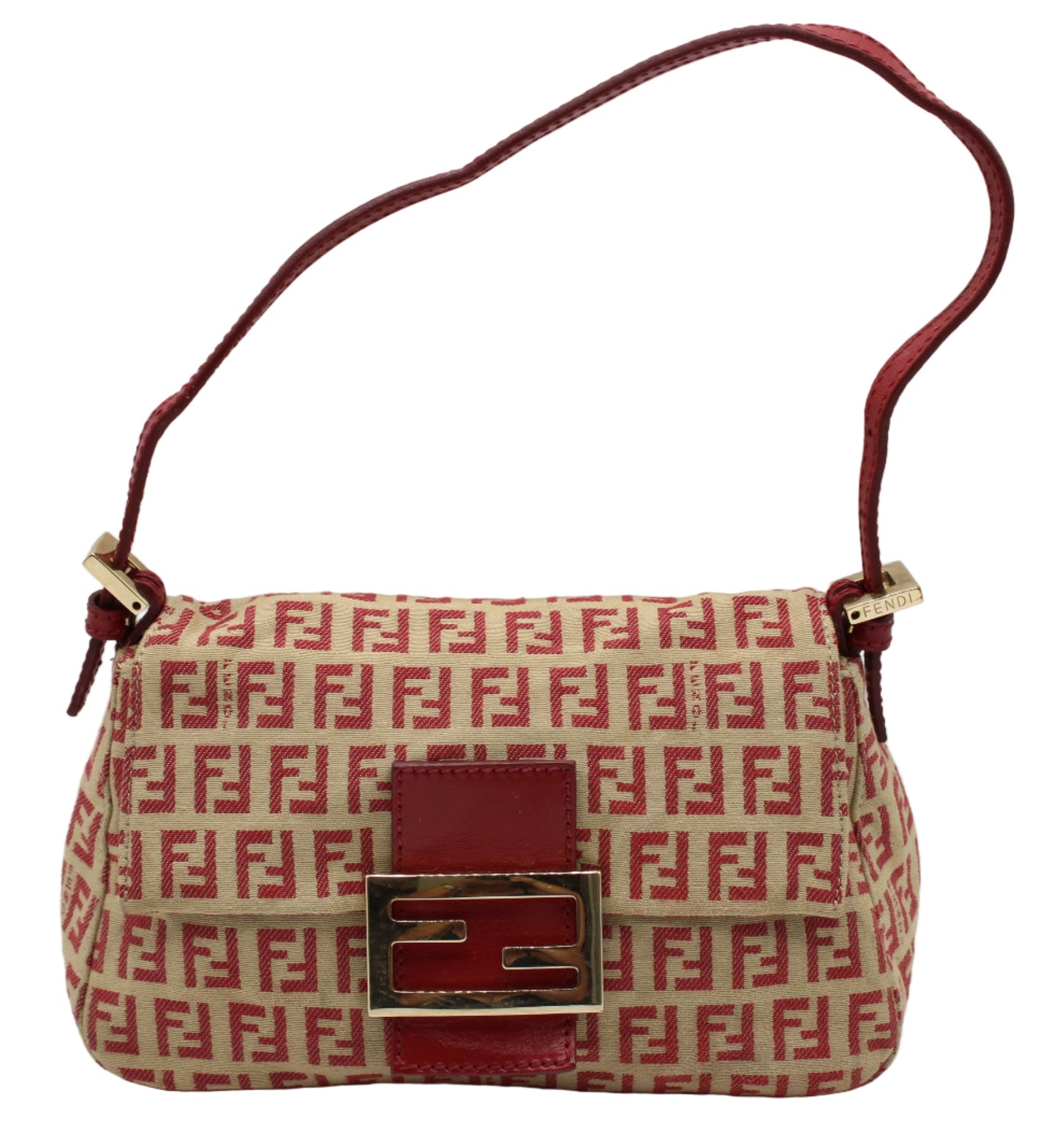 Fendi Red Zucca Canvas Baguette Mini Shoulder Bag Handbag with red and beige pattern on a white background