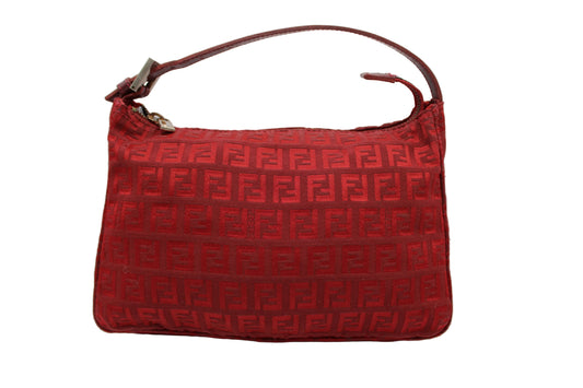 Fendi Red Zucca Canvas Pochette Shoulder Bag Red handbag with a pattern on a white background
