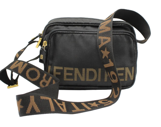 Fendi Roma Black 1925 Logo Crossbody Bag Black bag with a branded strap on a white background