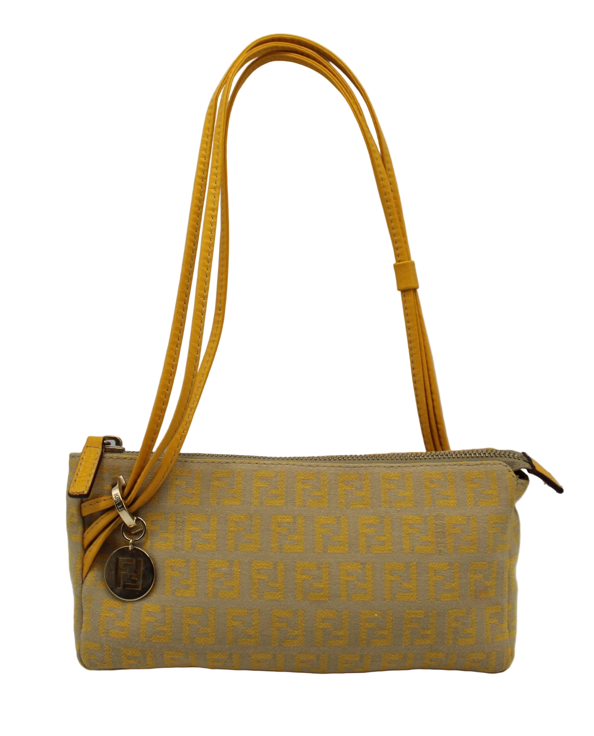 Fendi Yellow Mustard Zucca Canvas Leather Strap Shoulder Bag Yellow handbag with a pattern on a white background