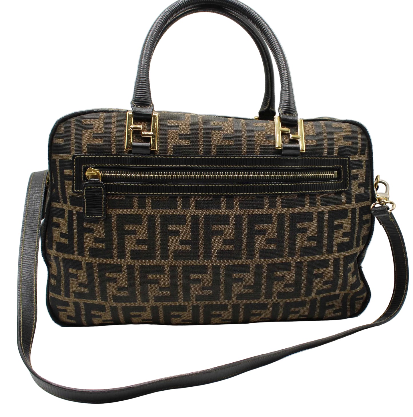 Fendi Zucca Brown Black Canvas Leather Boston Crossbody Bag