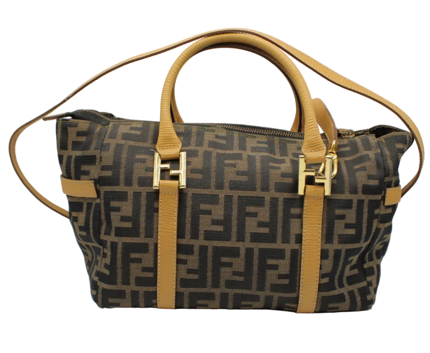 Designer handbag with a distinctive pattern on a white background Fendi Zucca Brown Canvas Leather Boston Crossbody Bag