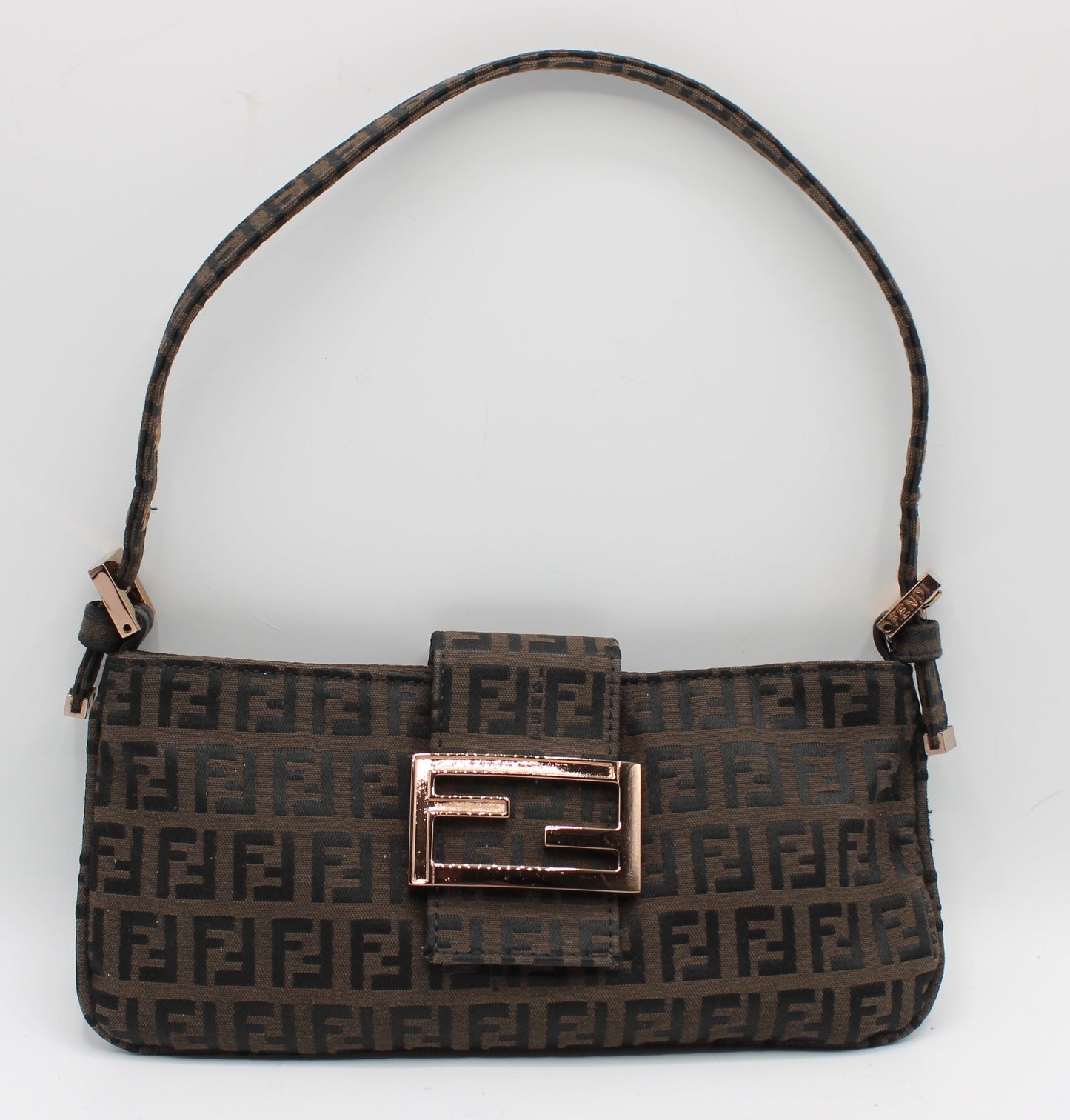 Fendi Brown Zucca Canvas Mini Baguette Shoulder Bag Designer handbag with a prominent logo on a white background