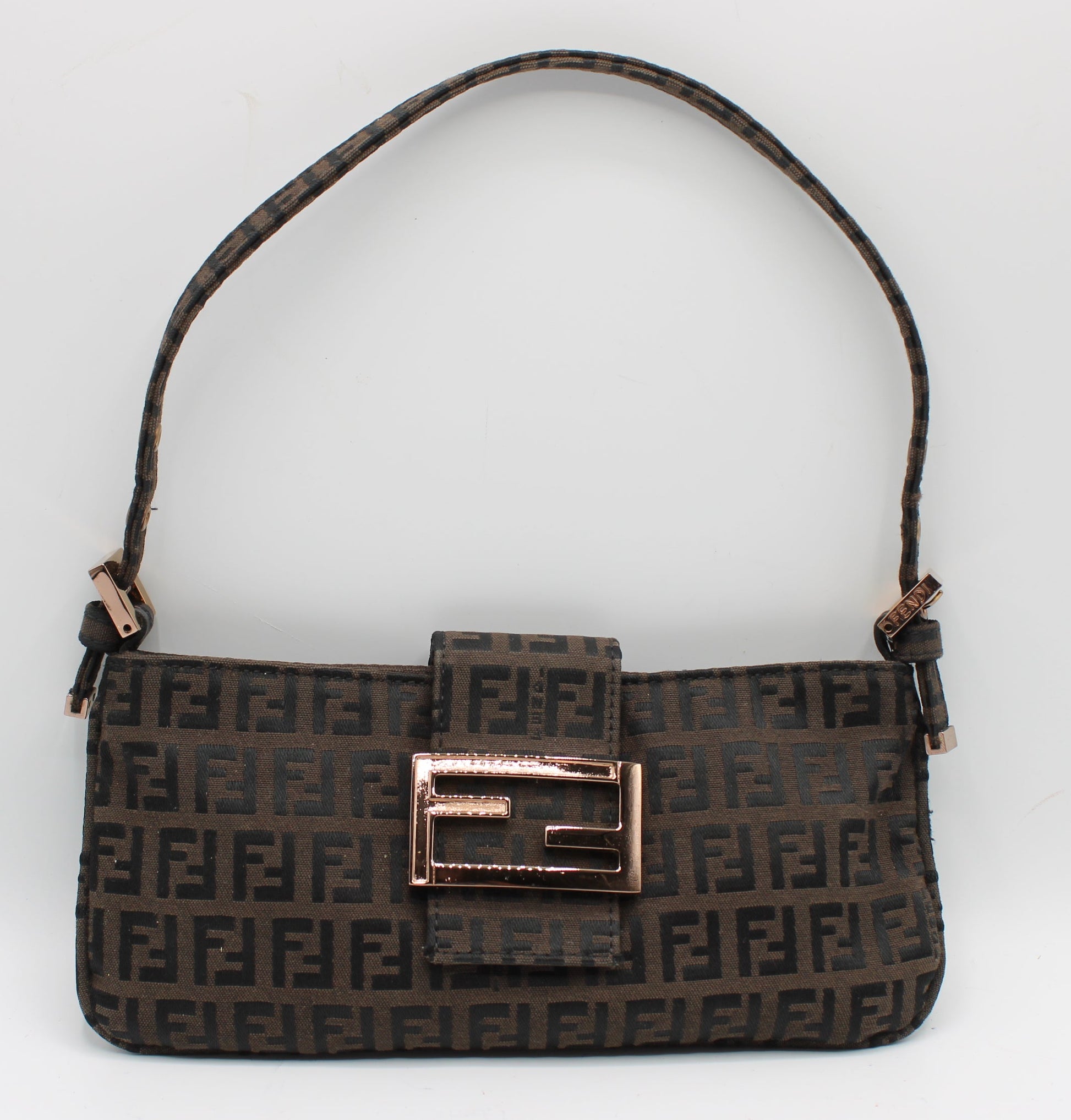 Fendi Brown Zucca Canvas Mini Baguette Shoulder Bag Designer handbag with a prominent logo on a white background