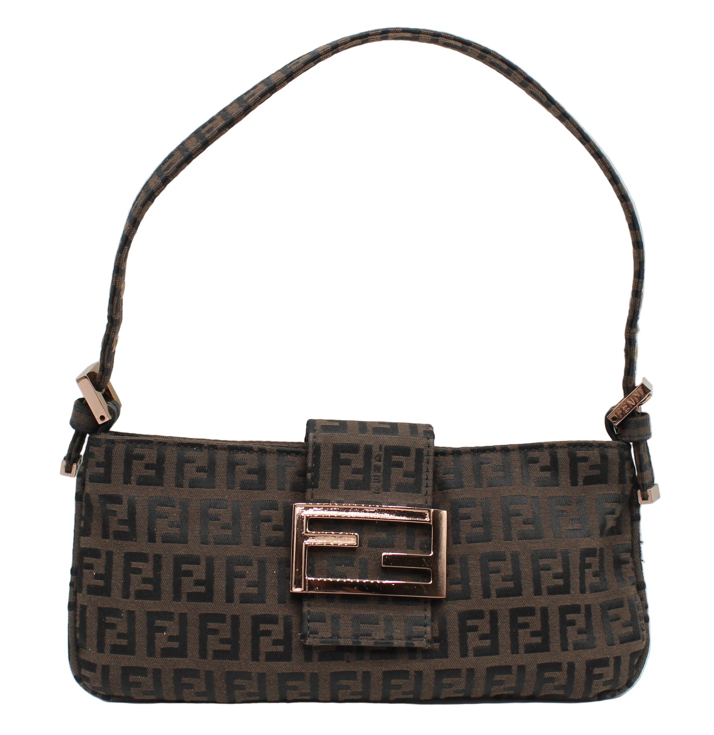 Fendi_Zucca_Brown_Canvas_Mini_Baguette_Shoulder_Bag Brown handbag with a prominent logo on a white background