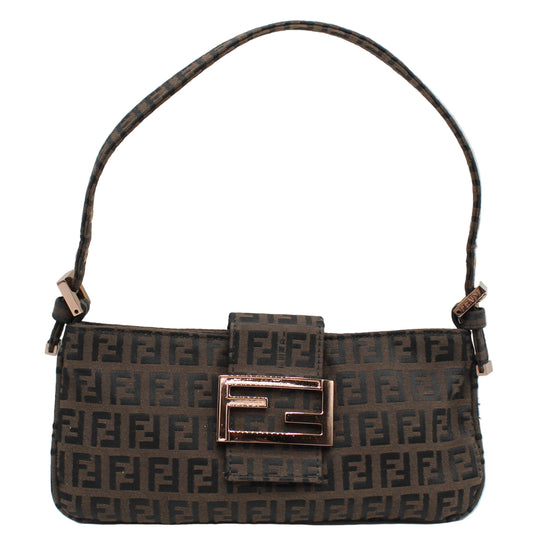 Fendi_Zucca_Brown_Canvas_Mini_Baguette_Shoulder_Bag Brown handbag with a prominent logo on a white background