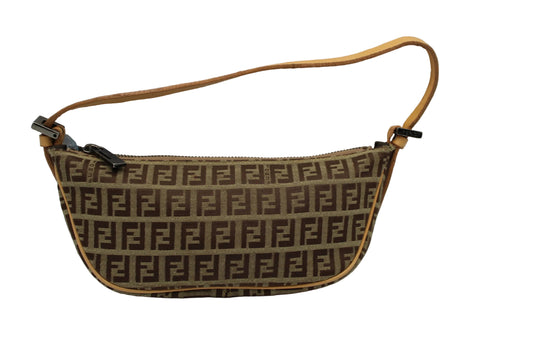 Designer handbag with a distinctive pattern on a white backgroundFendi Zucca Zucchino Pochette Shoulder Bag 