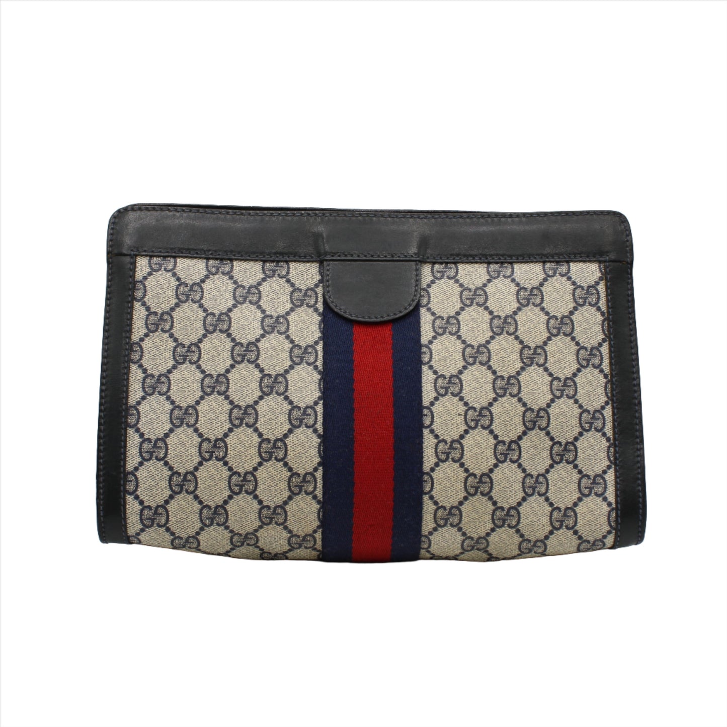 Gucci Beige Navy Supreme GG Canvas Leather Trim Clutch Bag by Stefany