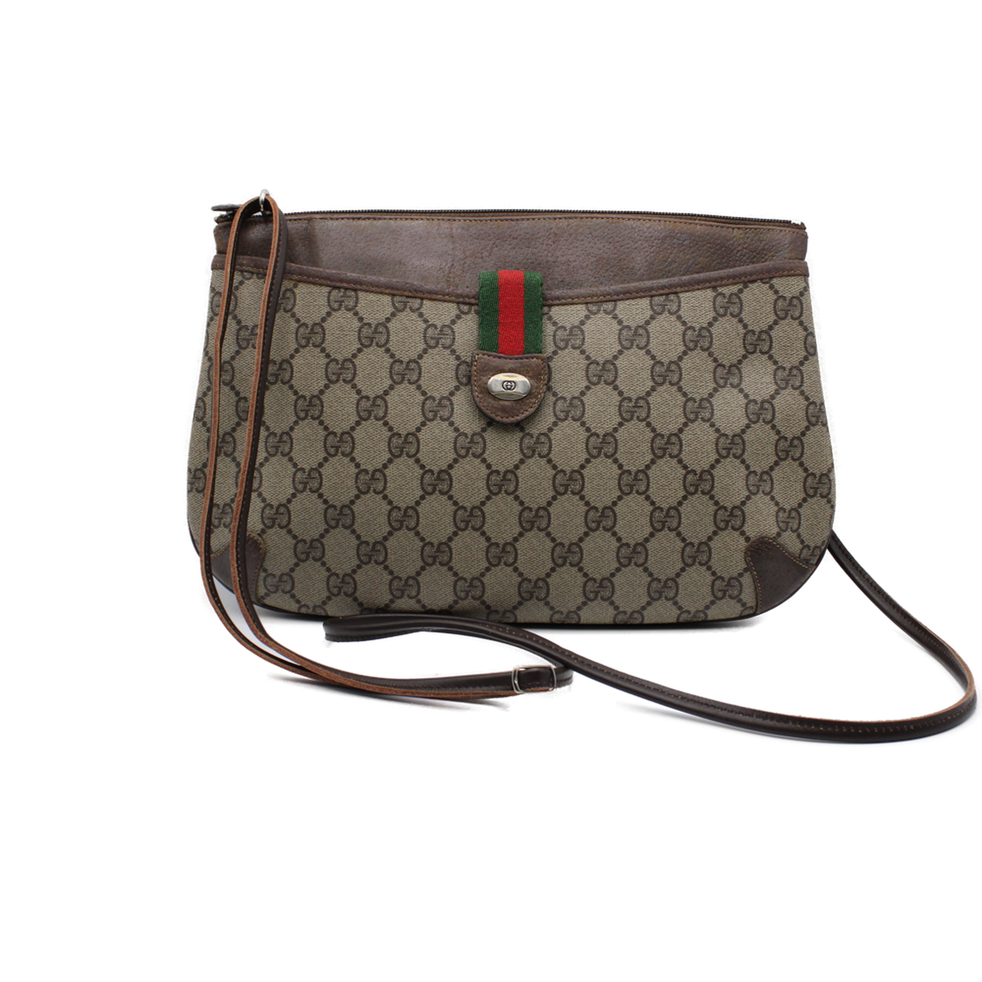 Gucci Brown Leather GG Supreme Canvas Crossbody Bag