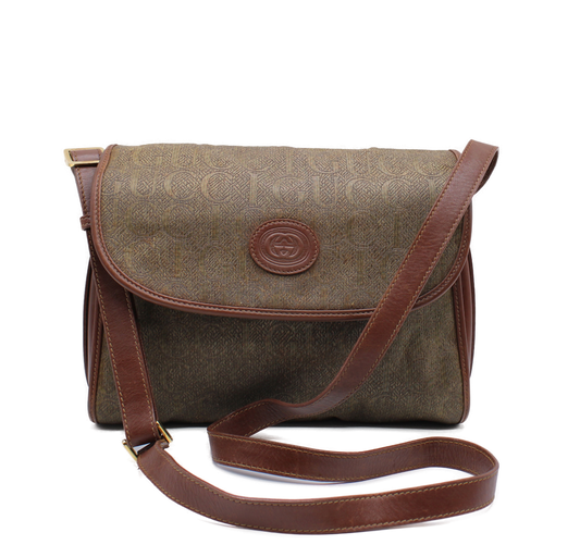 Gucci Brown Monogram Flap Over Crossbody Bag Vintage