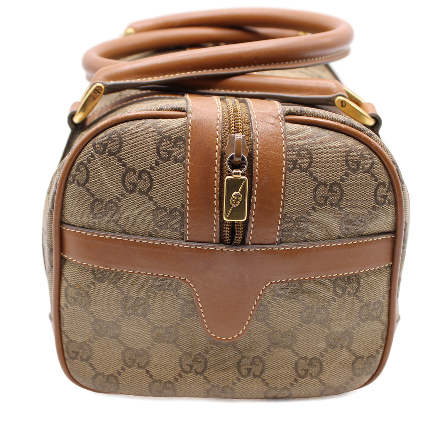 Gucci Ebony GG Canvas Rolled Leather Handles Boston Bag  side view