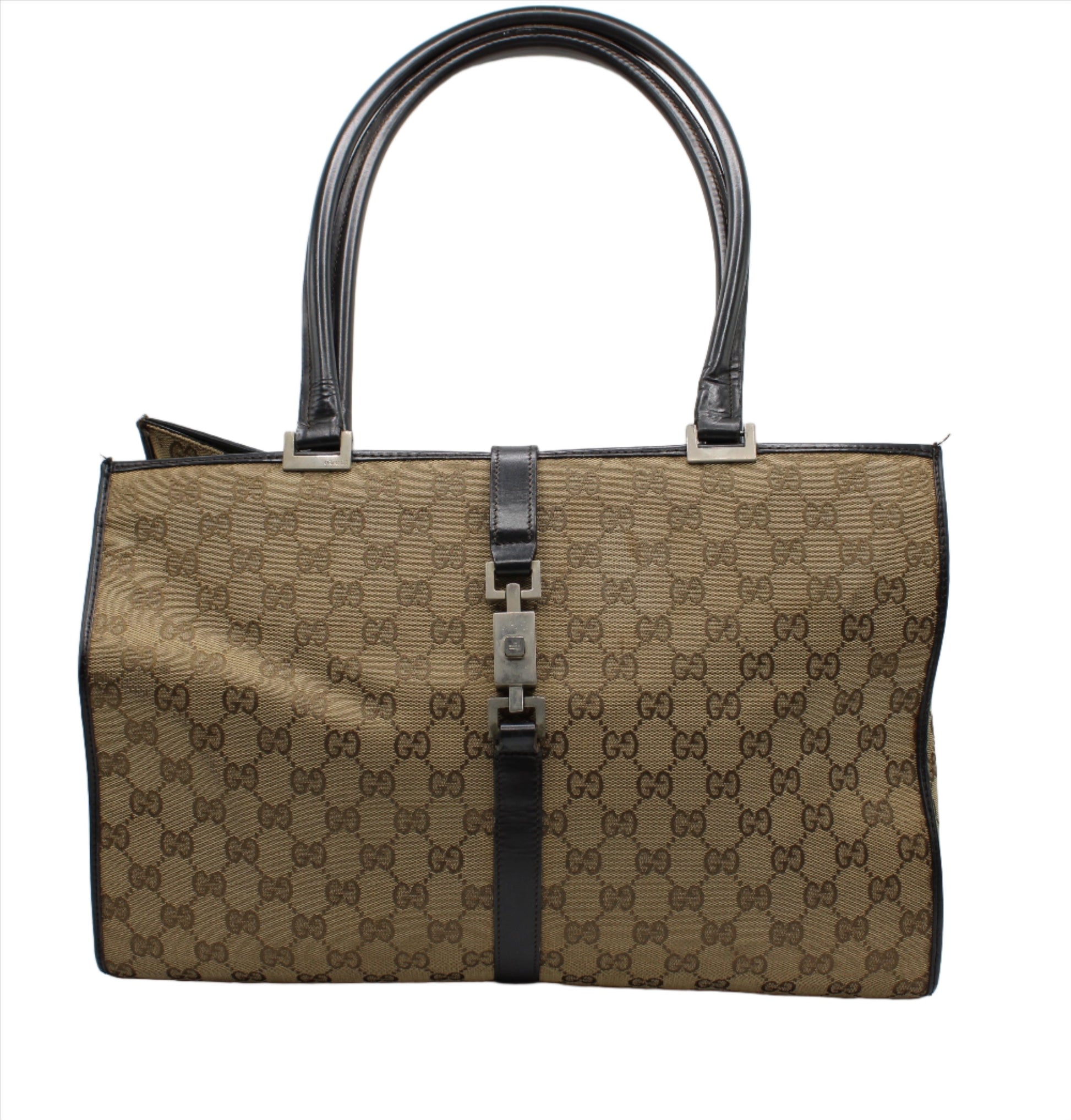 Gucci GG Jackie Large Tote in Brown Canvas with Leather Trim Vintage 