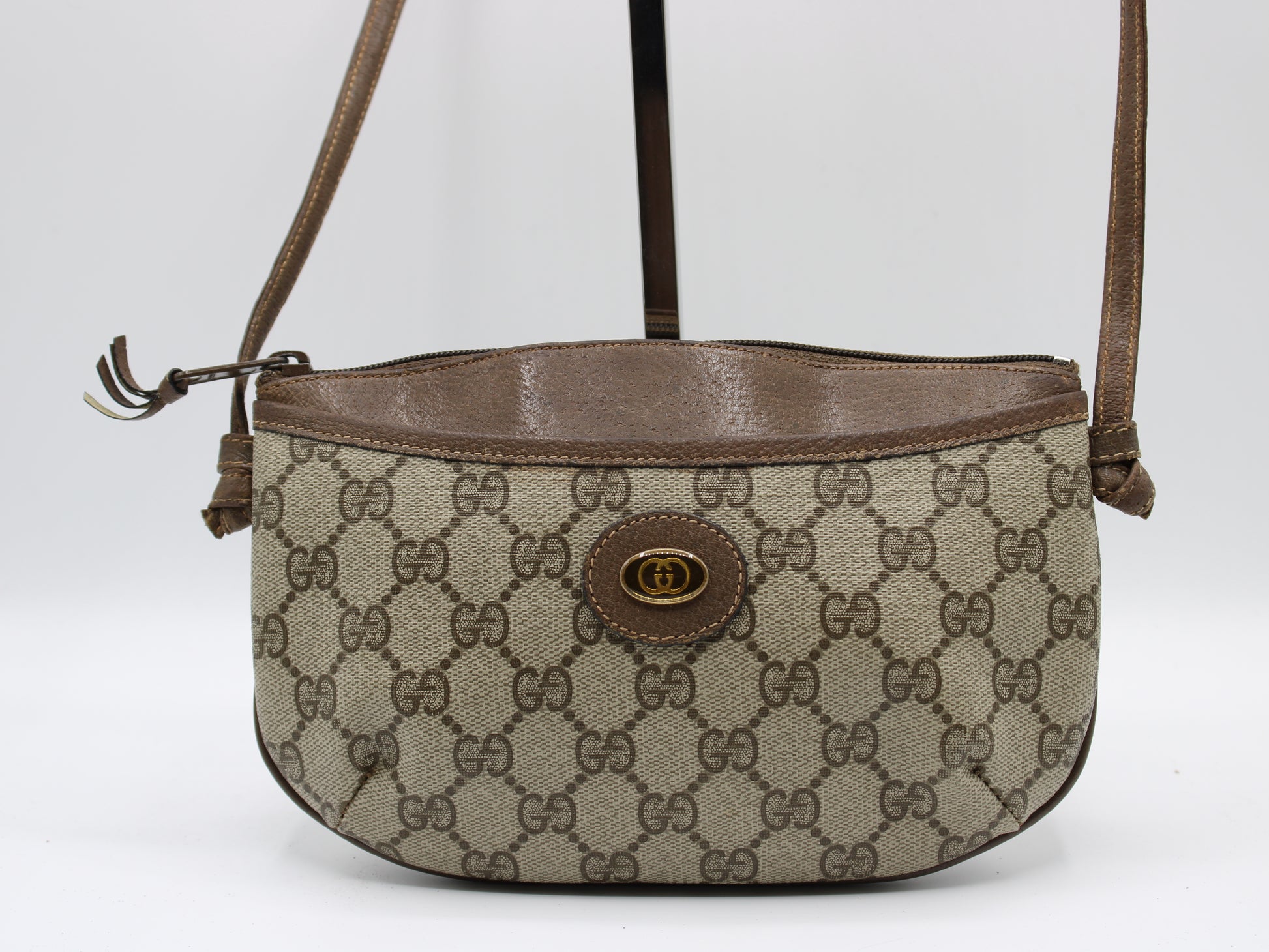 Gucci GG Supreme Monogram Canvas Leather Crossbody Pochette Bag Brown front magnifying  view