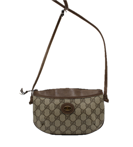 Gucci GG Supreme Monogram Canvas Leather Crossbody Pochette Bag Brown front view