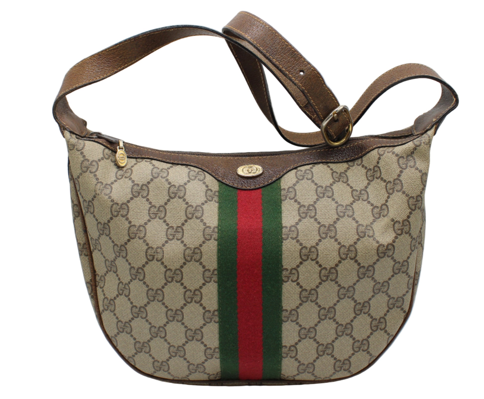 Designer handbag with monogram pattern and red and green stripe on a white background