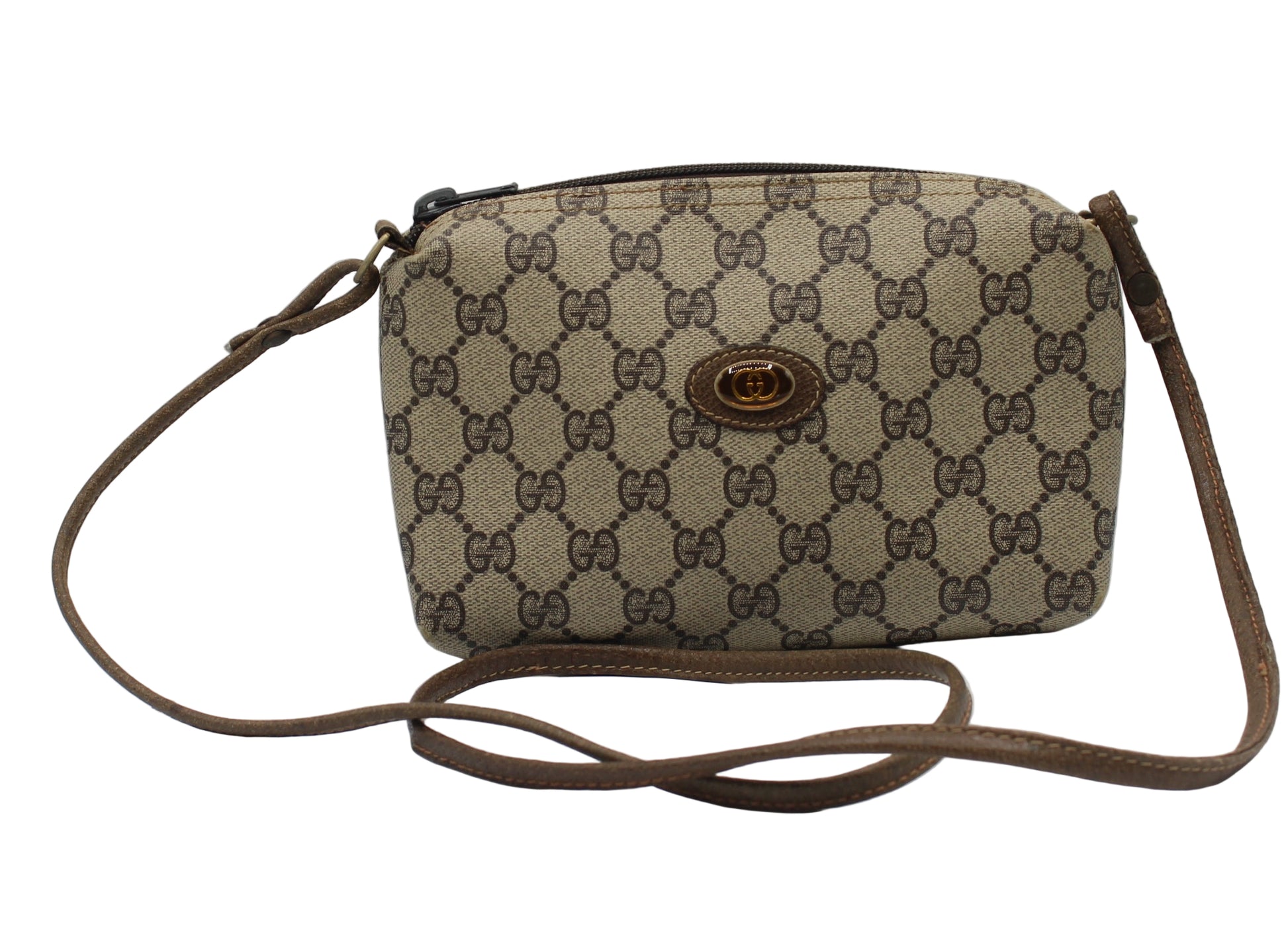 Gucci Beige Brown GG Supreme Canvas Leather Crossbody Bag