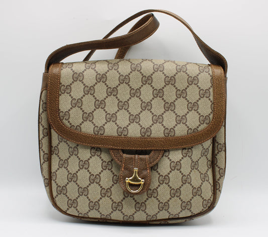 Beige handbag with brown accents on a white background Gucci Beige Brown Gg Canvas Leather Flap Shoulder Bag